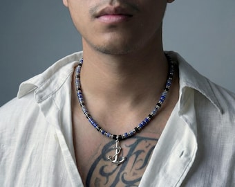 Anchor Necklace For Men With 6mm Sodalite, Lapis Lazuli, Onyx Beads, Stainless Steel