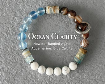 Ocean Stone Bracelet For Men, Banded Agate, Aquamarine, Howlite, Blue Calcite, Gift For Designer, Stretch Bracelet, Men's Everyday Jewelry