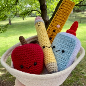 Jumbo Crochet Back to School Bundle, Amigurumi Pencil, Ruler, Glue Bottle, Red Apple Plush