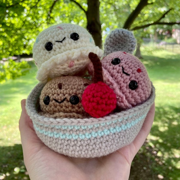 Crochet Ice Cream Sundae with Spoon and Cherry Amigurumi Plush