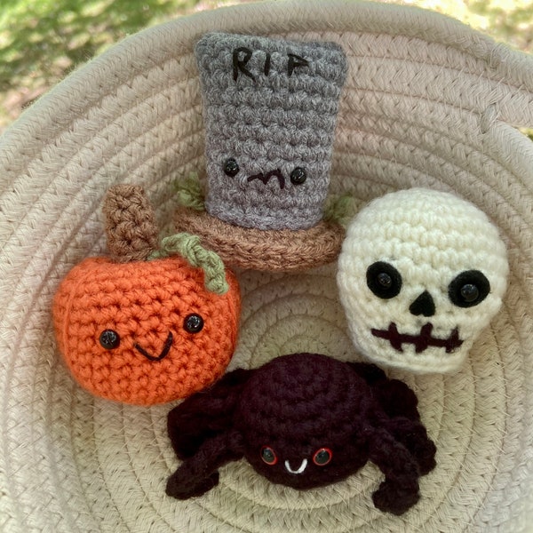 Crochet Mini Halloween Bundle Amigurumi Plush | Pumpkin | Spider | Skull | Tombstone