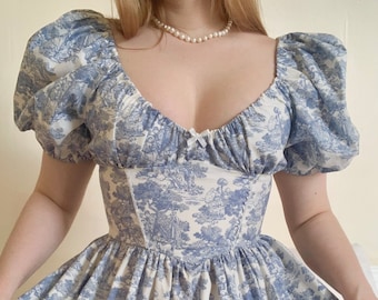 Alice Dress in Blue Toile Cotton - Handmade, Ethical, Size Inclusive, Porcelain Milkmaid Corset Puff Sleeve Dress Summer Picnic
