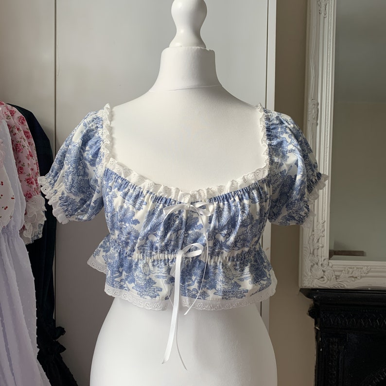 Porcelain Toile Floral Smocked Peplum Crop Top