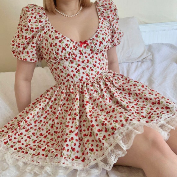 Alice Dress in Strawberry Cotton Handmade, Ethical, Size Inclusive,  Strawberry Picnic Milkmaid Dress Cottagecore Ruffles Lace Corset 