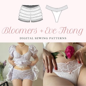 Puede incluir: Patrones de costura digitales para pololos y tanga. La imagen muestra dibujos lineales de pololos con volantes y un tanga de encaje, junto a fotografías de un conjunto de cuadros vichy morado claro y un tanga de encaje blanco con lazos rosas.