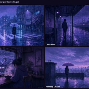 May include: A four-panel digital art collage titled Quiet Rain by Rogers Inc Designs. Scenes include Umbrella Crossing, Last Train, Window Seat, and Rooftop Drizzle. Each panel features a person in a rainy, purple-toned urban environment.