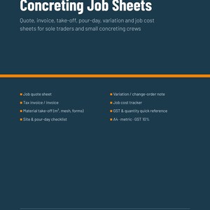 Op de afbeelding: Een donkerblauw printbaar pakket voor Australische betonwerkers getiteld Concreting Job Sheets. Het bevat een offerteformulier, factuur, materiaaloverzicht, checklist voor de stortdag, kostenoverzicht en A4 metrische GST 10% referentie.