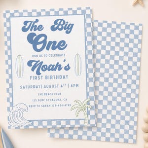The Big ONE First Birthday Invitation, Editable Retro Surfboard Design Invite, Boy Beach Party Template