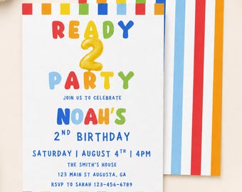 May include: A rectangular birthday invitation card featuring a white background with colorful striped borders. The text reads: READY 2 PARTY, JOIN US TO CELEBRATE NOAH'S 2ND BIRTHDAY, SATURDAY | AUGUST 4TH | 4PM, THE SMITH'S HOUSE, 123 MAIN ST AUGUSTA, GA, RSVP TO SARAH 123-456-6789.