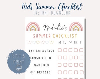 PRINTABLE Summer Checklist for Kids, Kids Summer Schedule, EDITABLE Screen Time Checklist, PDF Kids Checklist