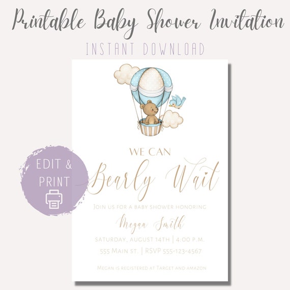 PRINTABLE Bear Baby Shower Invitation Template Baby Boy Baby Etsy