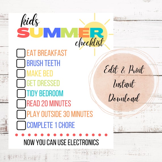 PRINTABLE Summer Checklist for Kids Kids Summer Schedule - Etsy