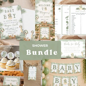 Può includere: Un set per baby shower a tema dinosauri che include inviti, giochi, etichette di ringraziamento, decorazioni per cupcake e uno striscione. I disegni presentano foglie di palma verdi, cuccioli di dinosauro e uova con testo stampato sopra.