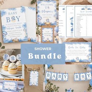 May include: A baby shower stationery bundle featuring blue dinosaur illustrations and tropical leaves. Includes invitations, welcome signs, word scramble games, cupcake toppers, thank you tags, and a banner with the text BABY BOY, all in blue and white.