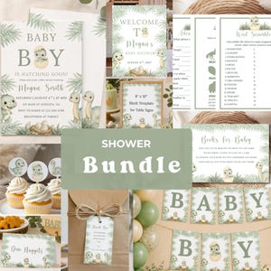 Peut inclure: Un ensemble de papeterie pour baby shower sur le thème des dinosaures avec des feuilles de palmier vert sauge. Comprend des invitations, des jeux, des panneaux de table, des décorations de cupcakes, une étiquette de remerciement et une bannière.