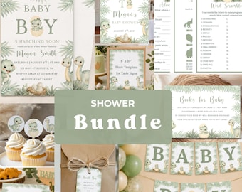 Dino Baby Shower Invitation Bundle, Hatching Soon Boy Invite,Baby Sprinkle Editable Canva Template, Dinosaur Baby Shower Games