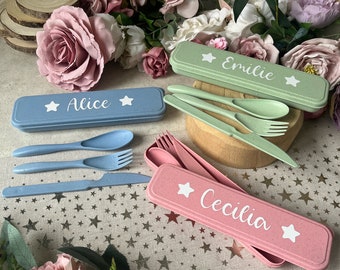 Personalised cutlery set, children's reusable cutlery, eating out with kids, eco friendly, holiday travel gift idea, pastel pink blue green