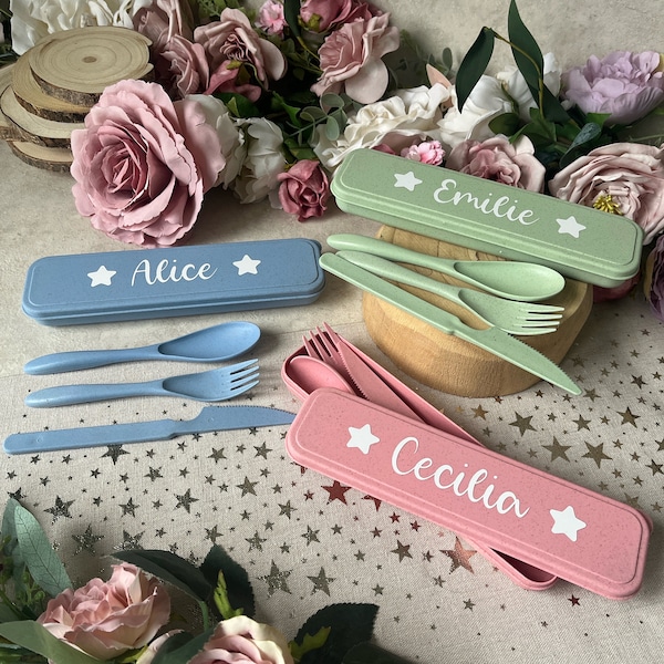 Personalised cutlery set, children's reusable cutlery, eating out with kids, eco friendly, holiday travel gift idea, pastel pink blue green