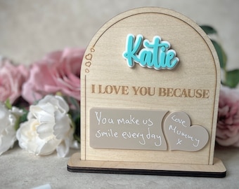 Personalised I love you because message for kids, Teens affirmation gift, Reusable reasons why I love you sign for daughter, magnetic name