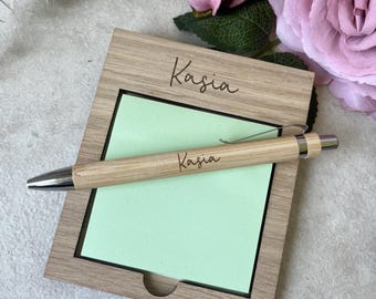 Ensemble de porte-notes personnalisés en chêne et de stylos en bambou gravés, cadeau de remerciement pour enseignant