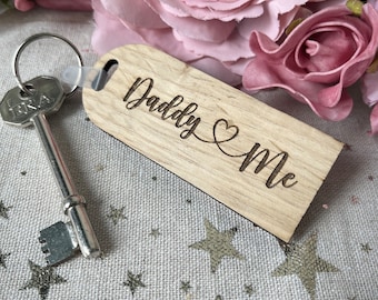 Personalised oak keyring engraved with two names linked with a heart, gift for mum or dad from children, wooden key fob