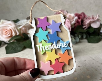 Petit pot de récompense avec étoiles colorées, pot étoile personnalisé avec 10 jetons étoiles pour le tableau des tâches ménagères des enfants et système de récompense pour bon comportement.