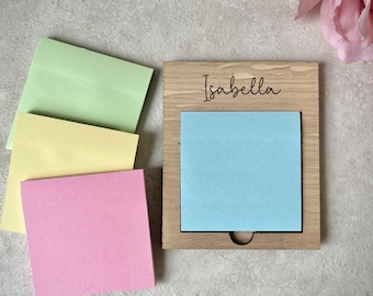 Porte-notes adhésif en chêne gravé : cadeau de papeterie personnalisé