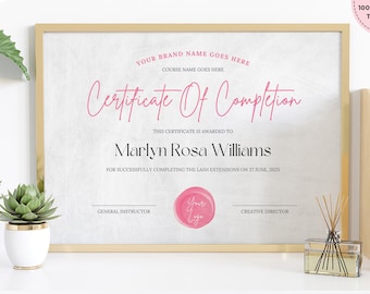 DIY Certificate of Completion Template, Printable Beauty Course Certificate, Lashes Award Template, Pink Colored, Instant Access