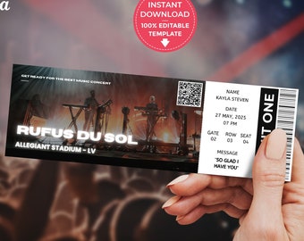 May include: A concert ticket for Rufus Du Sol at Allegiant Stadium in Las Vegas, Nevada. The ticket is for May 27, 2025 at 7:00 PM. The ticket is for Gate 02, Row 03, Seat 04. The message on the ticket says "So glad I have you".