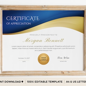 Modern Gold Certificate of Appreciation Printable Appreciation Award Certificate Template Editable Certificate Award Download Blue Color