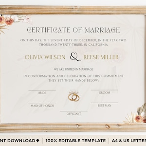 Certificado de boda elegante, certificado de matrimonio boho imprimible, certificado de boda, plantilla editable, descarga instantánea de regalo de boda