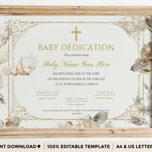 Plantilla de certificado de dedicación de bebé, bautismo, bautizo de bebé, vegetación dorada moderna, plantillas de iglesia imprimibles editables Descargar