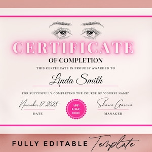 Editable Lash Certificate Of Completion Template, Printable Lash Extension Certificate, Lash Course Certificate Canva Template