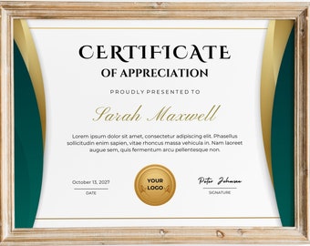 Modern Gold Green Certificate of Appreciation Printable Appreciation Award Certificate Template Elegant Editable Certificate Award Download