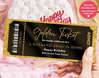 Editable Event Golden Ticket, Print at home Birthday Voucher, Digital Gift Voucher, Surprise Ticket, Birthday Coupon, Surprise Birthday Gift