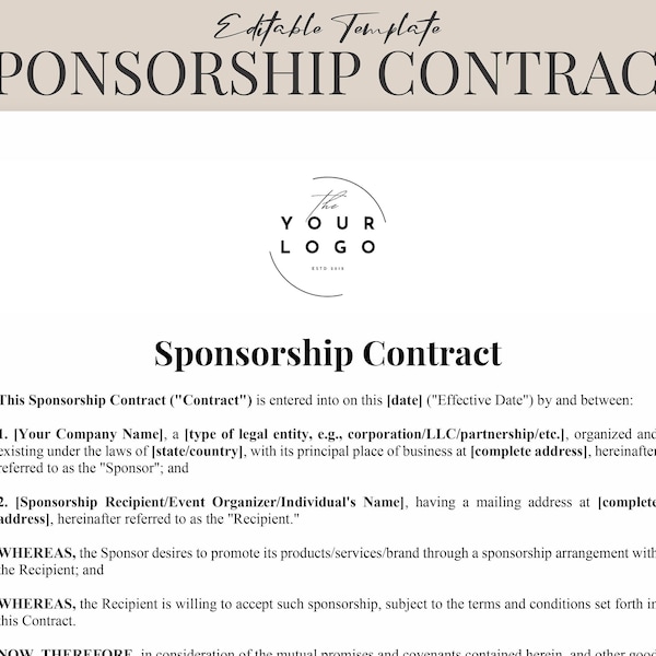Customizable Sponsorship Contract Template | Event Sponsorship Agreement | Brand Promotion Contract | Business Fiscal Sponsorship Form
