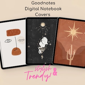 Könnte beinhalten: Drei digitale Notizbuch-Cover mit abstrakten Designs. Eines zeigt ein Gesicht, ein anderes eine Himmelsillustration und das dritte eine Wüstenlandschaft mit einem Kaktus. Der Text lautet "Goodnotes Digital Notebook Covers" und "Stylish & Trendy!"