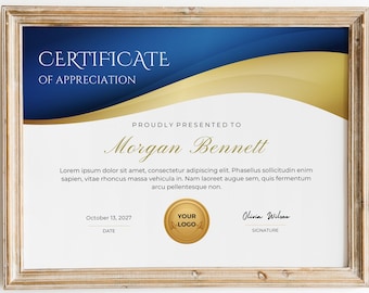 Modern Gold Certificate of Appreciation Printable Appreciation Award Certificate Template Editable Certificate Award Download Blue Color