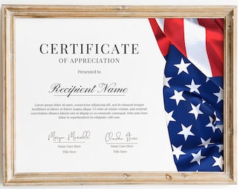Bearbeitbares amerikanisches Zertifikat, druckbare Zertifikatvorlage amerikanische Flagge, Unabhängigkeitstag Mitgliedszertifikat digitaler Download