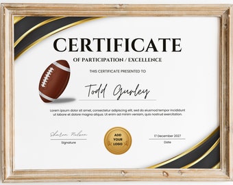 American Football Zertifikat Vorlage Sport Zertifikat Award EDITIERBARE druckbare Football Award Zertifikat Digital Download