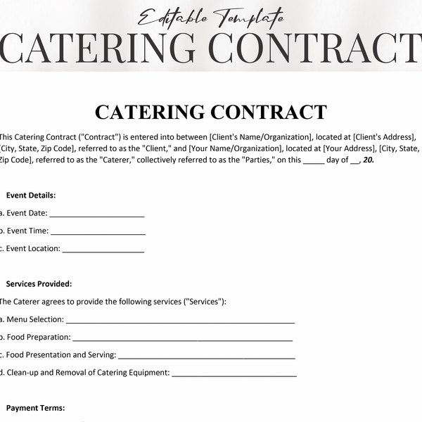 Plantilla de acuerdo de catering en Word - Plantilla de contrato de catering editable - Acuerdo de servicios de eventos profesionales PDF