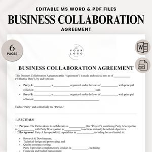 May include: A business collaboration agreement template in MS Word and PDF formats. The document features the title "Business Collaboration Agreement" in bold, black text. The document includes sections for parties involved, recitals, and other legal clauses. The image also shows the number of pages, which is 6.