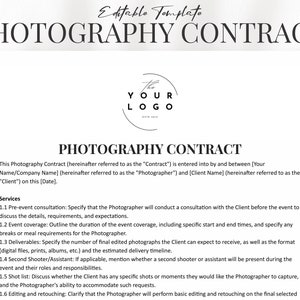 Professional Photography Contract Template | Detailed Agreement for Photographers and Clients | Customizable and Legal | Instant Download