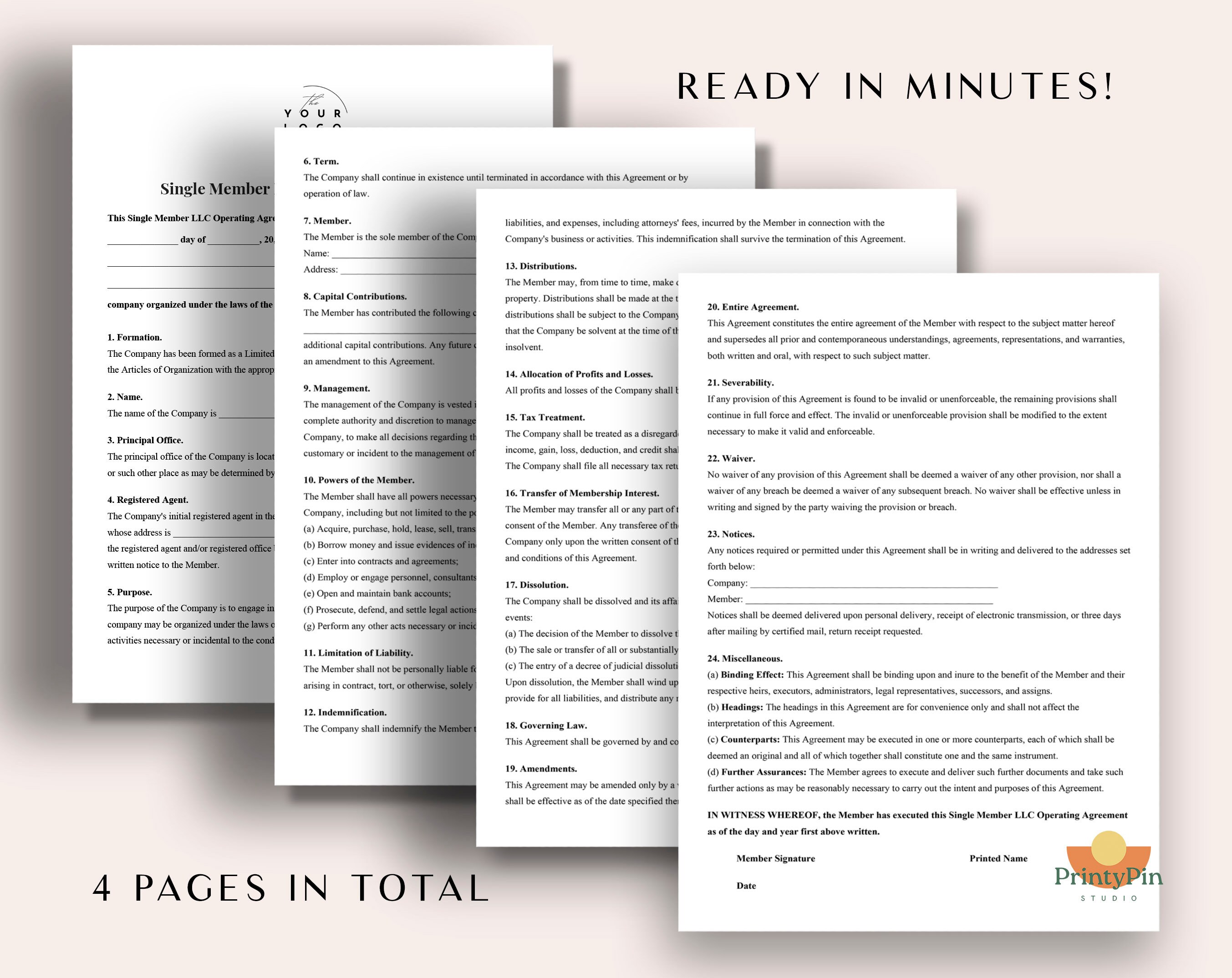 Single Member LLC Operating Agreement PDF - Detailed Single Member LLC ...