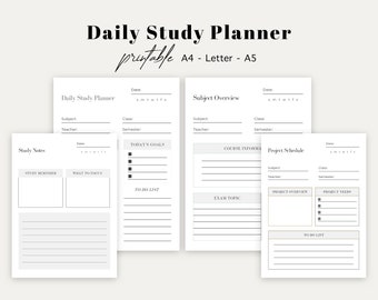 May include: Printable daily study planner with multiple pages. The pages include sections for daily planning, subject overview, study notes, and project schedules. The planner is available in A4, Letter, and A5 sizes.