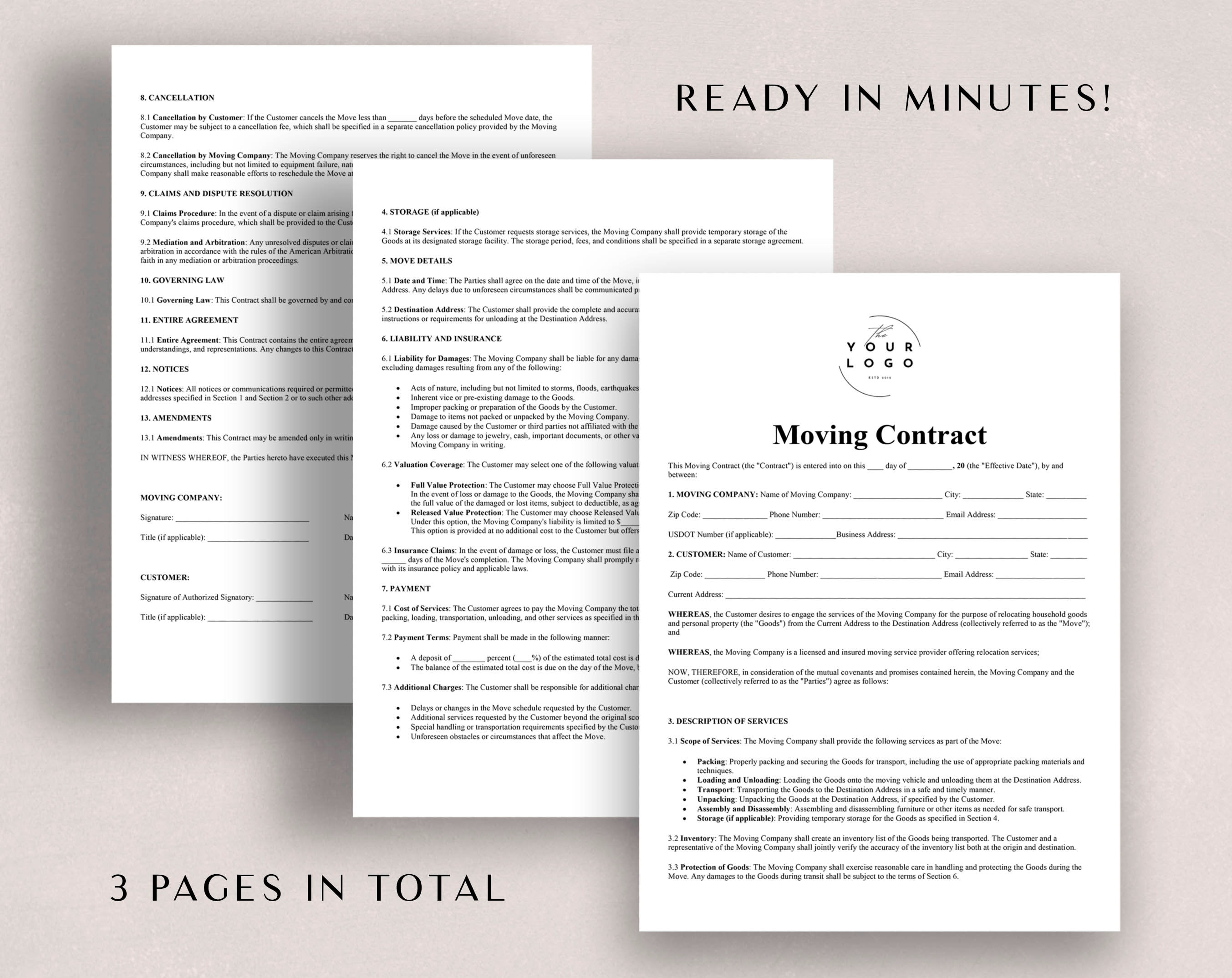 Work Relocation Contract Professional Moving Contract Template Word & PDF - Moving Company ...