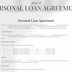 Personal Loan Agreement Template PDF, Personal Loan Template, Loan Contract, Loan Agreement Form, Loan Templates, Personal Loan Google Docs