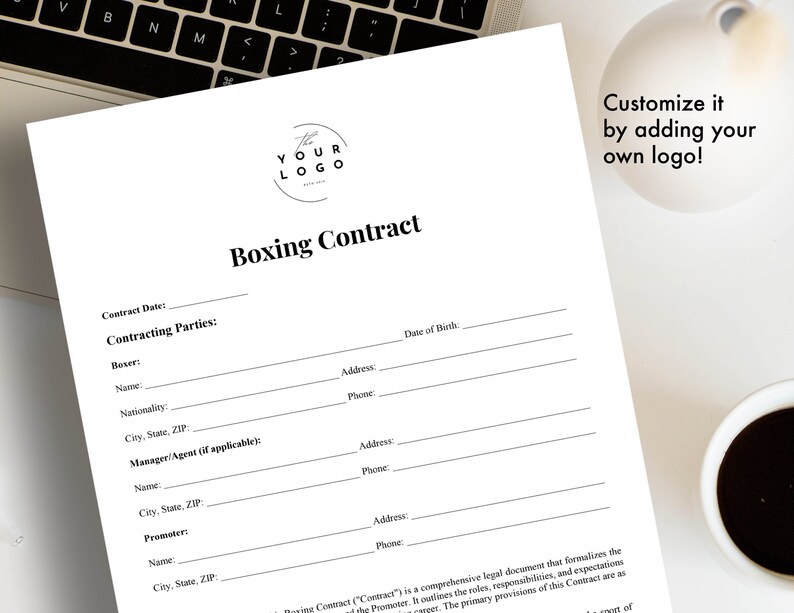 May include: A black and white logo with the text "YOUR LOGO" in a circle. The text "Boxing Contract" is in bold black font. The document includes fields for the contract date, contracting parties, boxer, manager/agent, and promoter. The document also includes fields for name, address, phone, nationality, city, state, zip, and date of birth.