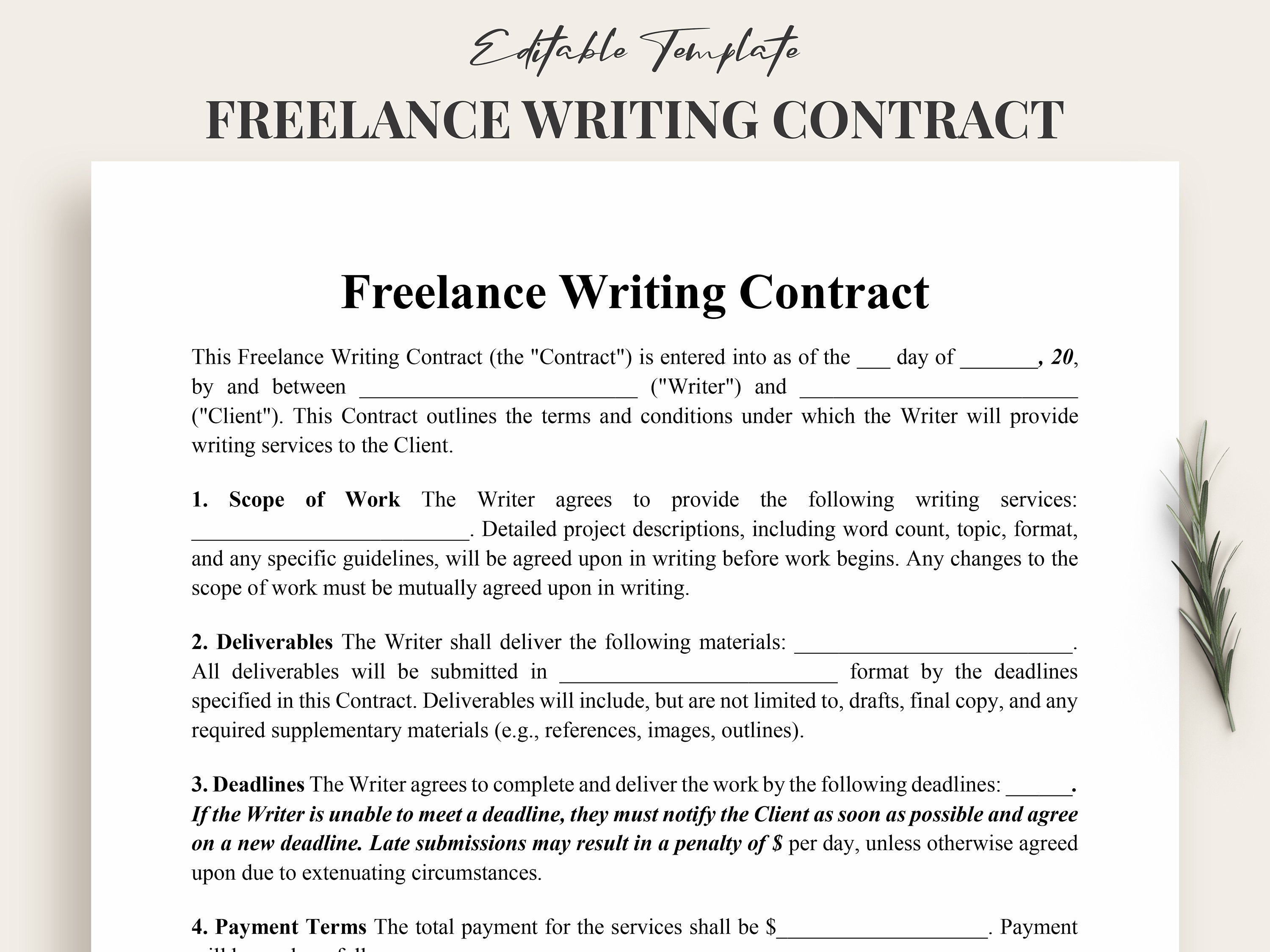 Freelance Writing Contract Template | Professional Writer Agreement ...