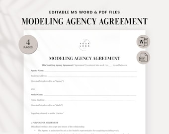 Modeling Agency Agreement Template – Editable Model Contract, Freelance Modeling Form, Word & PDF - Professional Agreement for Models